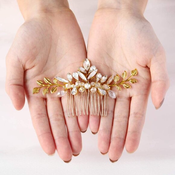 Bridal Wedding Prom Gold Rhinestone Floral Leaf Pattern Hair Comb NWT - Picture 2 of 5